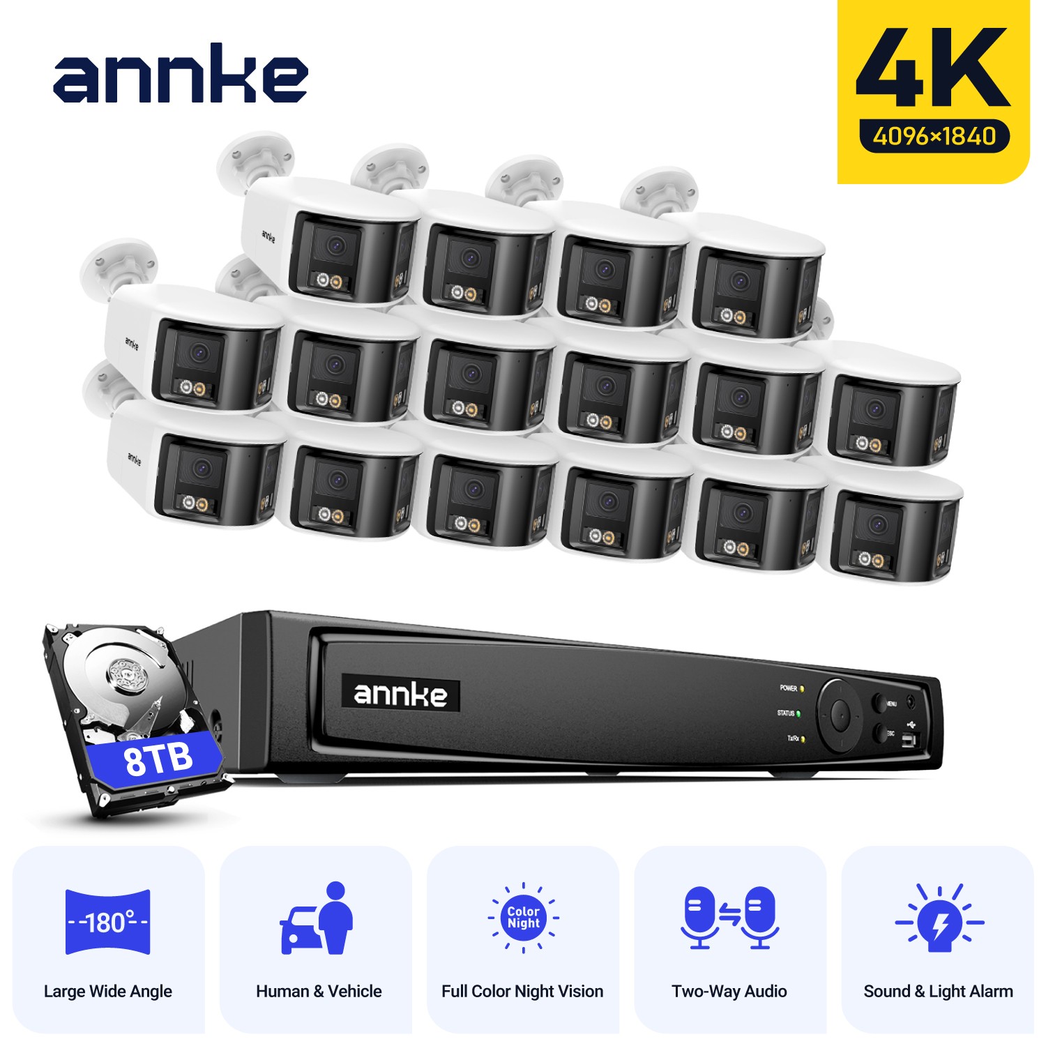 ANNKE 16CH NVR 4K 180° Dual Lens Color POE Security Camera System Two Way Audio