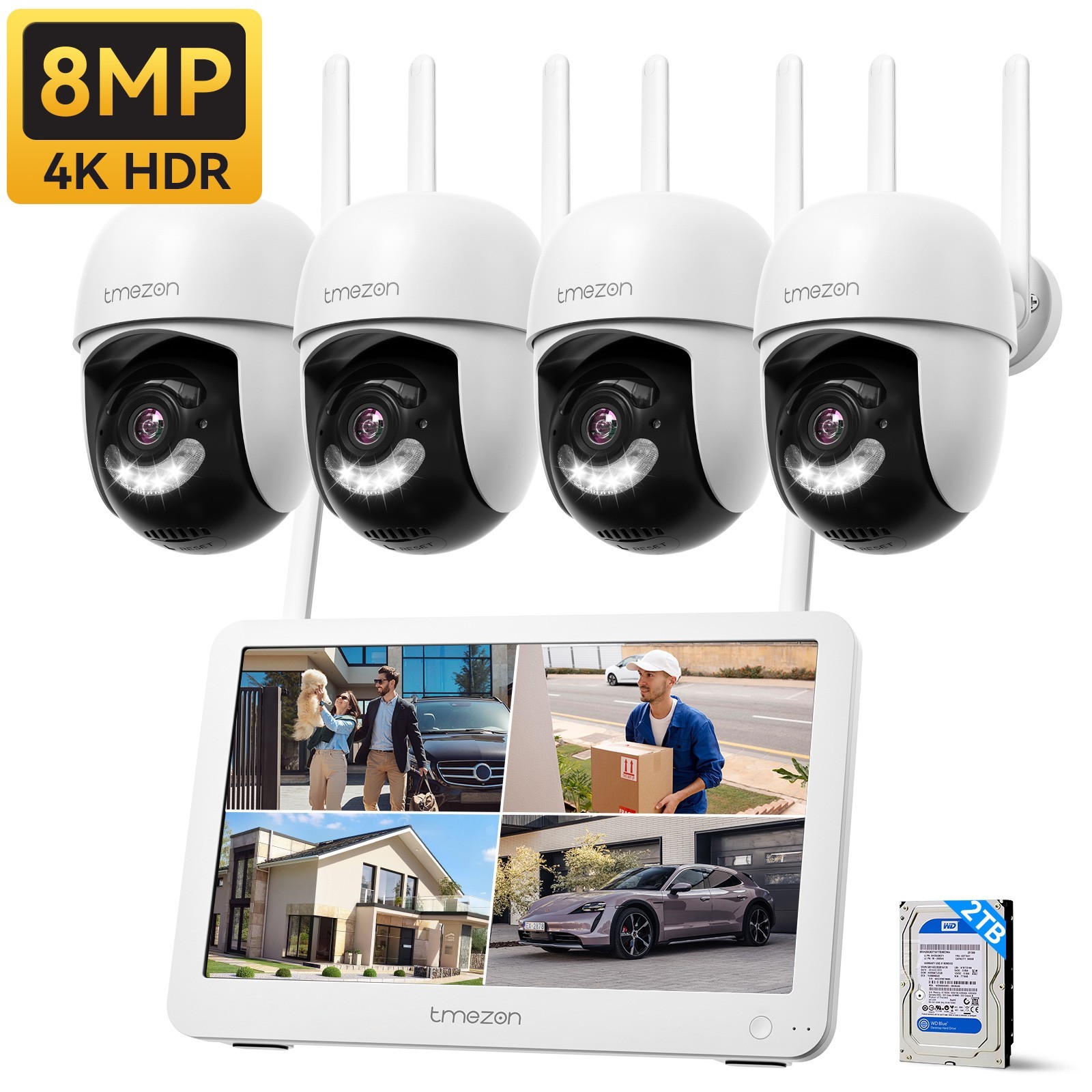 TMEZON Wireless 8MP Security PTZ Camera System 10CH NVR WIFI 12inch Monitor 2TB