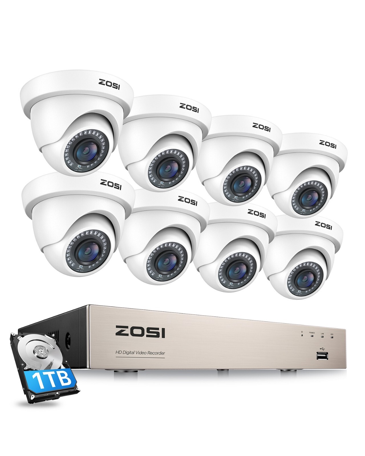 ZOSI 8CH 5MP Lite DVR 1080p Security Camera System 1TB Weatherproof Recording