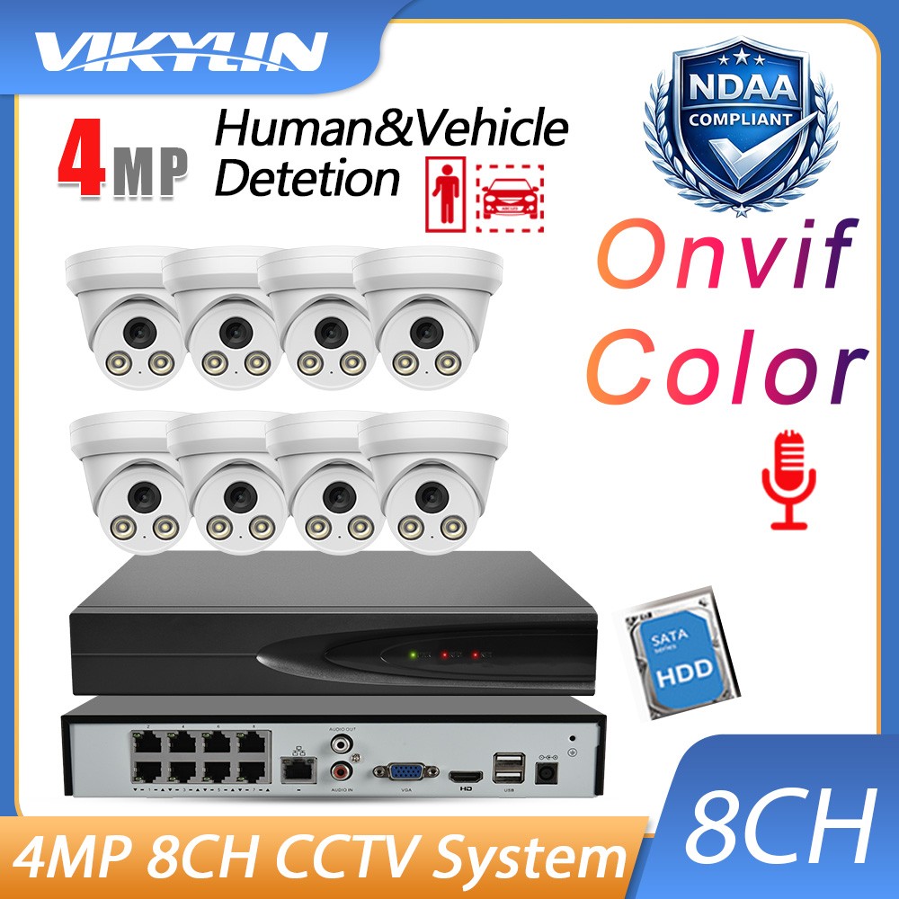 Vikylin 12MP 8CH 8POE NVR 4MP Color MIC IP Camera Onvif IP67 Security System Lot