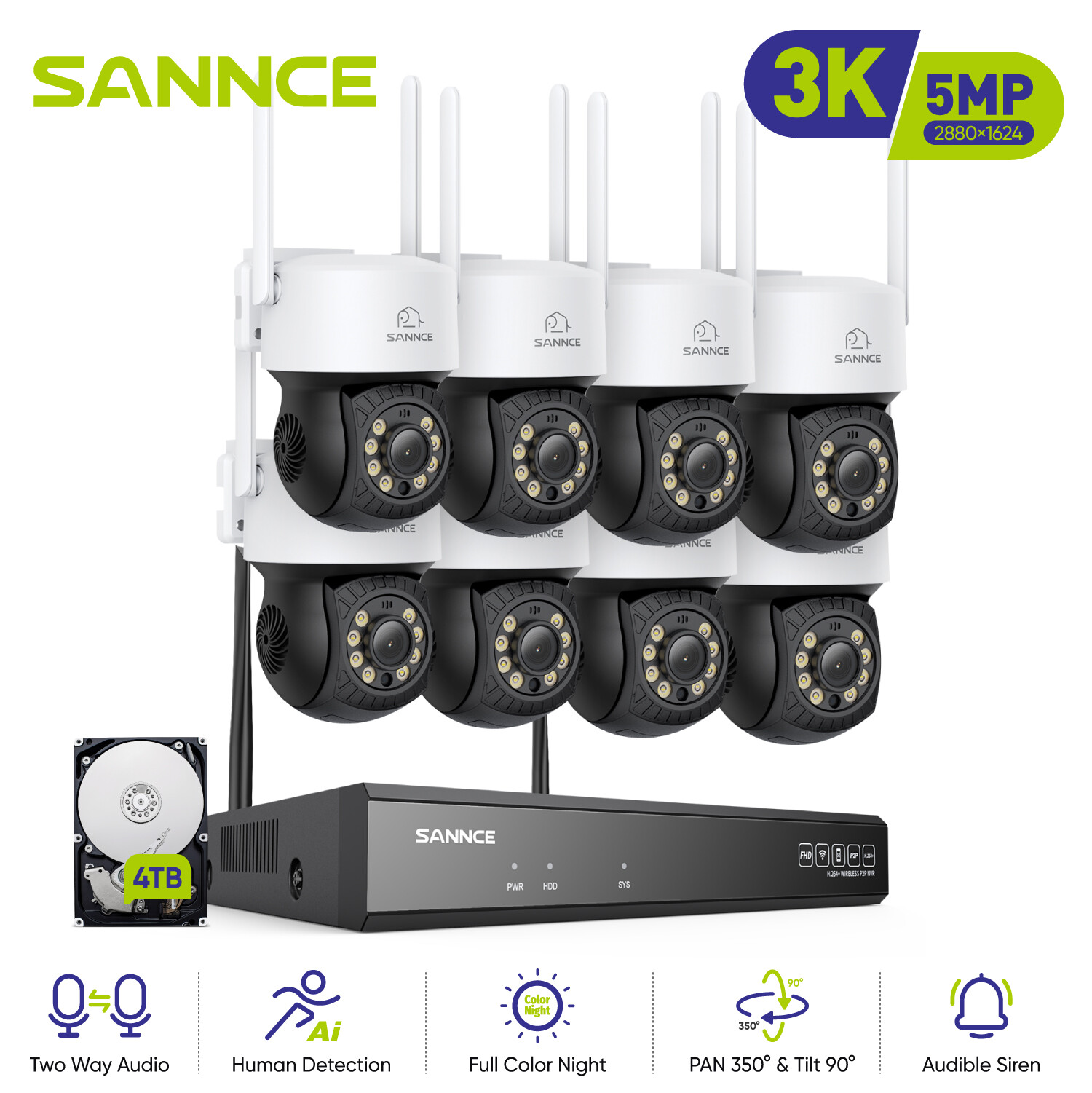 SANNCE 5MP Wireless Pan&Tilt Color Security Camera System 10CH NVR Two Way Audio