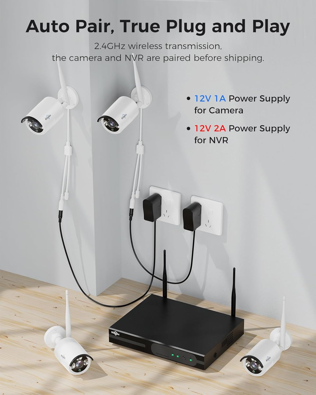 Wireless Pro Wifi Security Camera System, 16CH 4K NVR Kit, Plug-In Powered 12Pcs