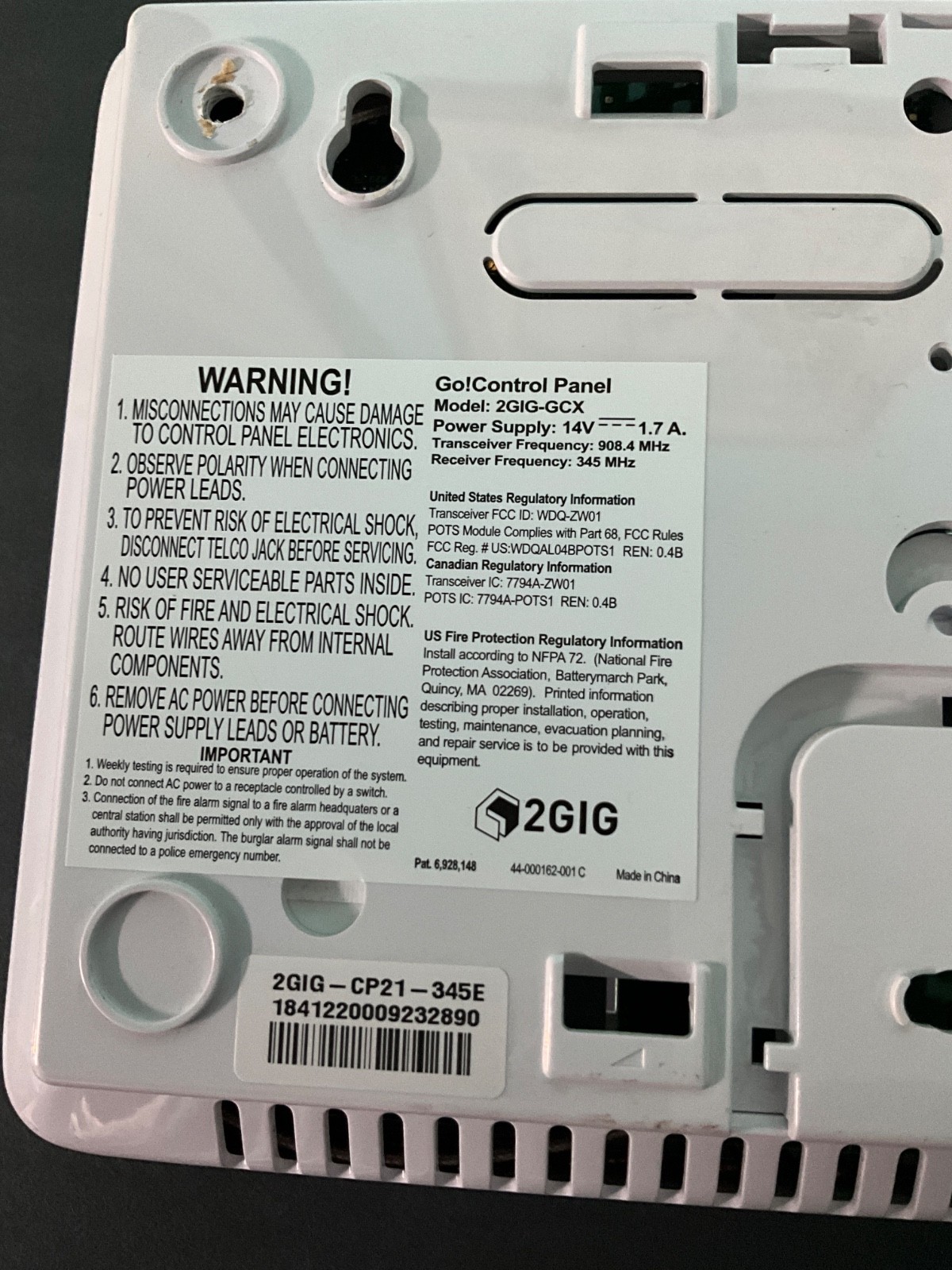 2GIG TECHNOLOGIES MODEL 2GIG-GCX 2GIG