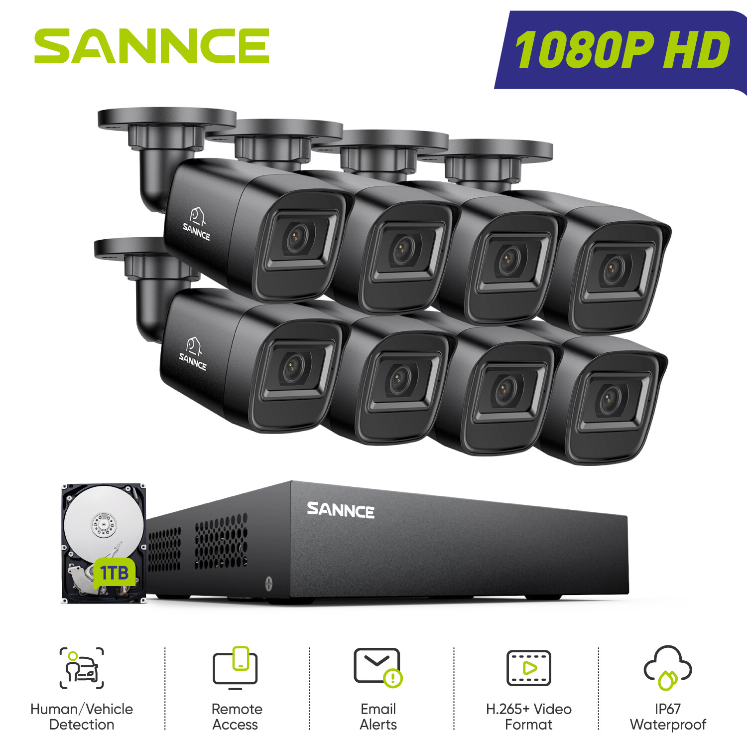 SANNCE 5in1 8CH DVR 1TB 1080P Video Security Camera System Human Detection IP67