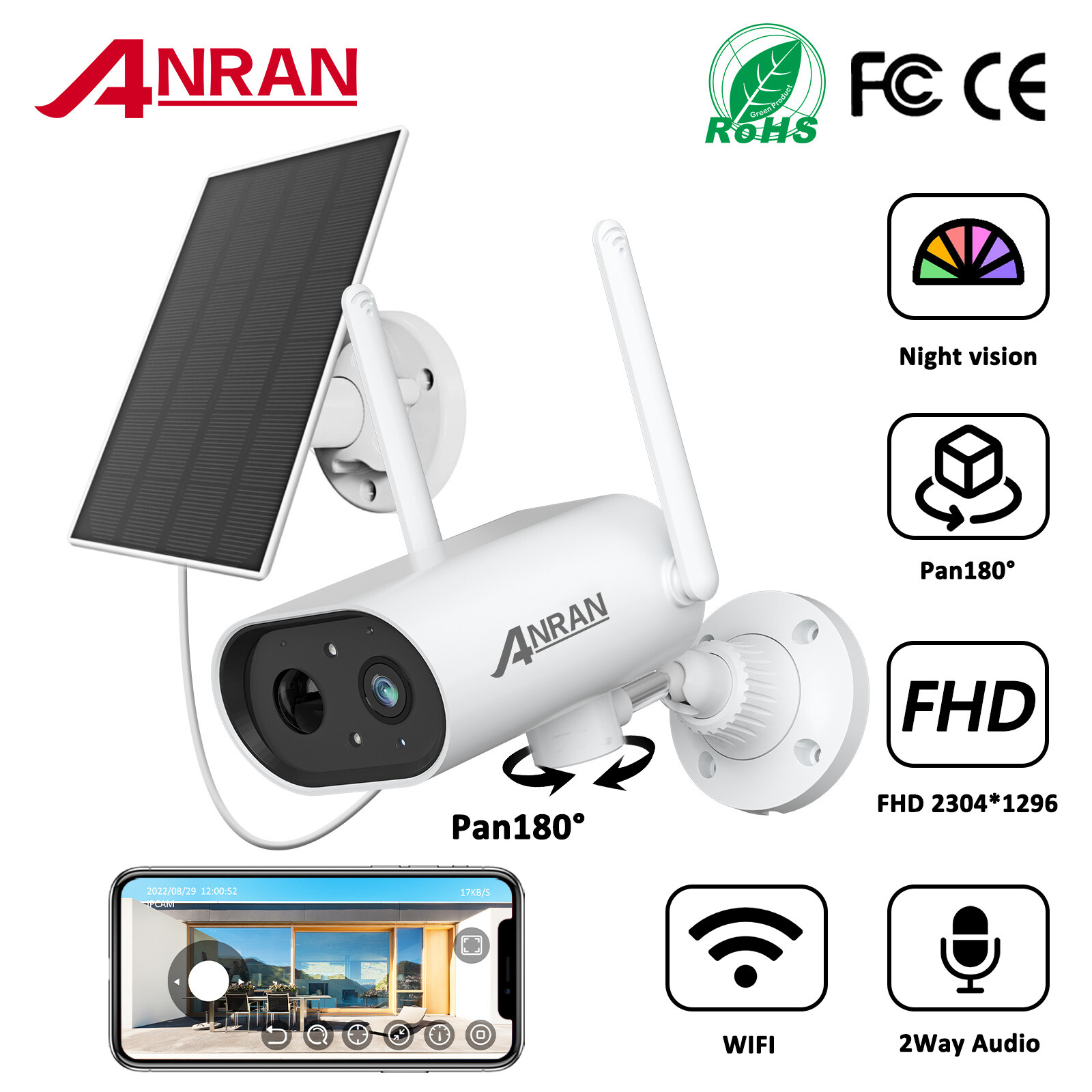 ANRAN Solar Panel Security Camera WIFI System Battery Powered CCTV Pan 180°