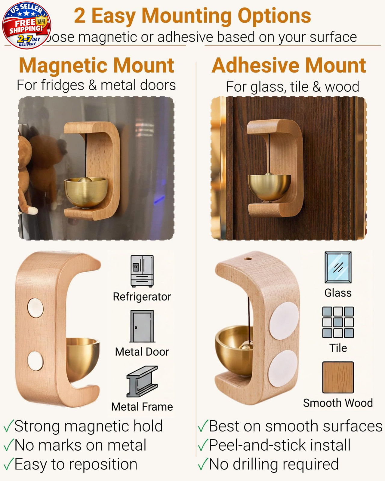 Magnetic Door Chime Bell, Wooden Wind Chime Shopkeepers Doorbell for Door Openin