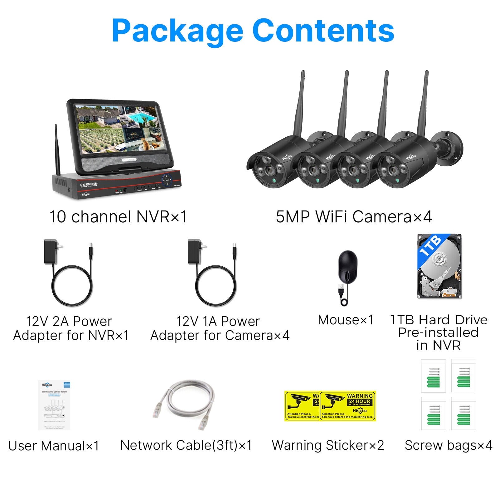 Wireless Security System 10 Inch Monitor 1tb NVR 4 Camera Kit Night Vision Audio