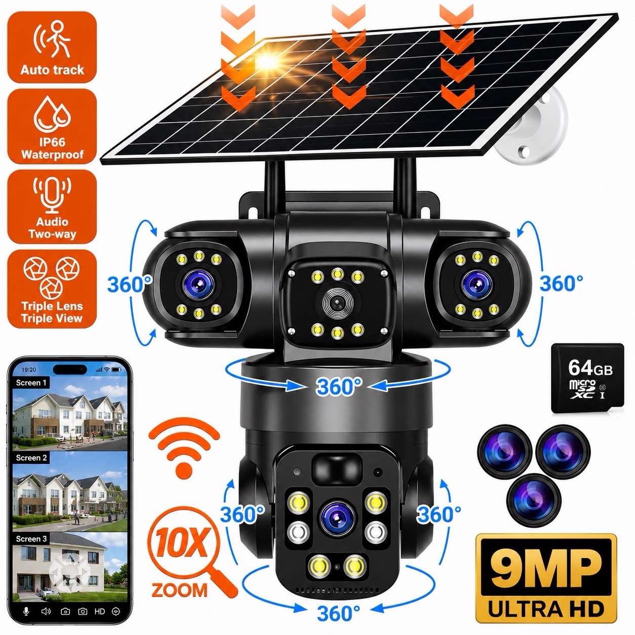 9MP 4K Solar Security Camera 360° PTZ Triple Lens 10X Zoom + 64GB MMC