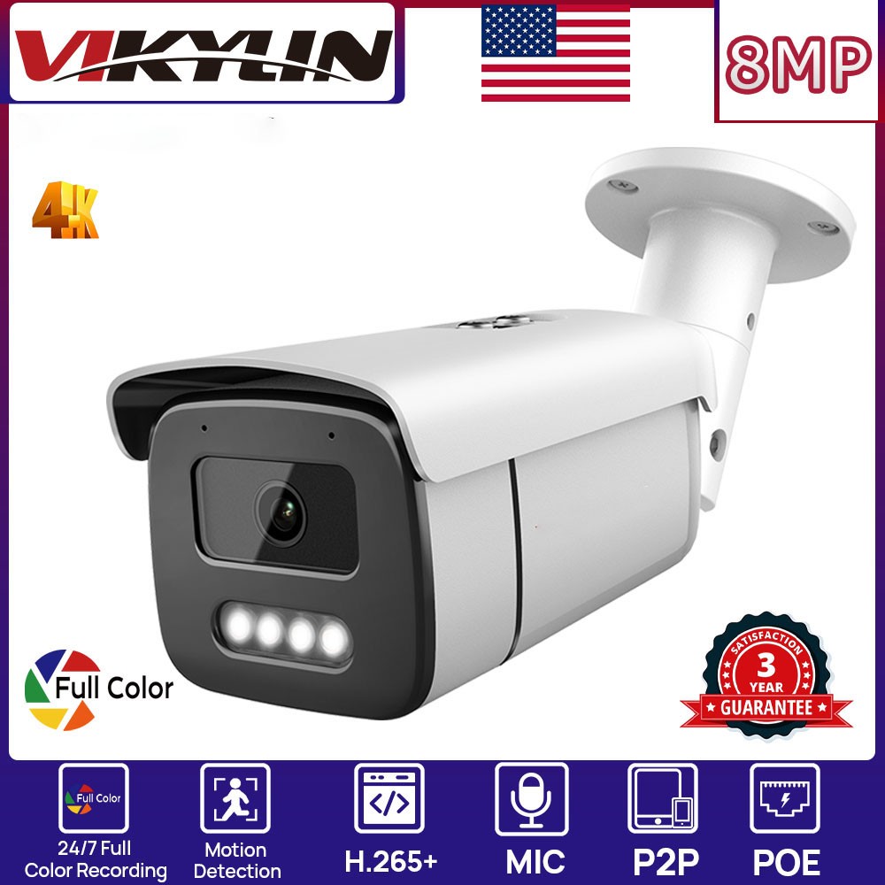 VIKYLIN 8CH 8POE NVR Systems Full Color Bullet 8MP 4K IP CAMERA MIC Outdoor Lot