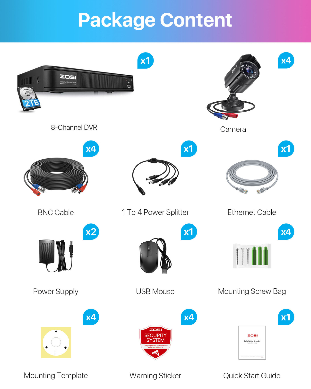 ZOSI H.265+ 8CH 5MP-Lite HDMI DVR CCTV Outdoor Security 1080P Camera System 2TB