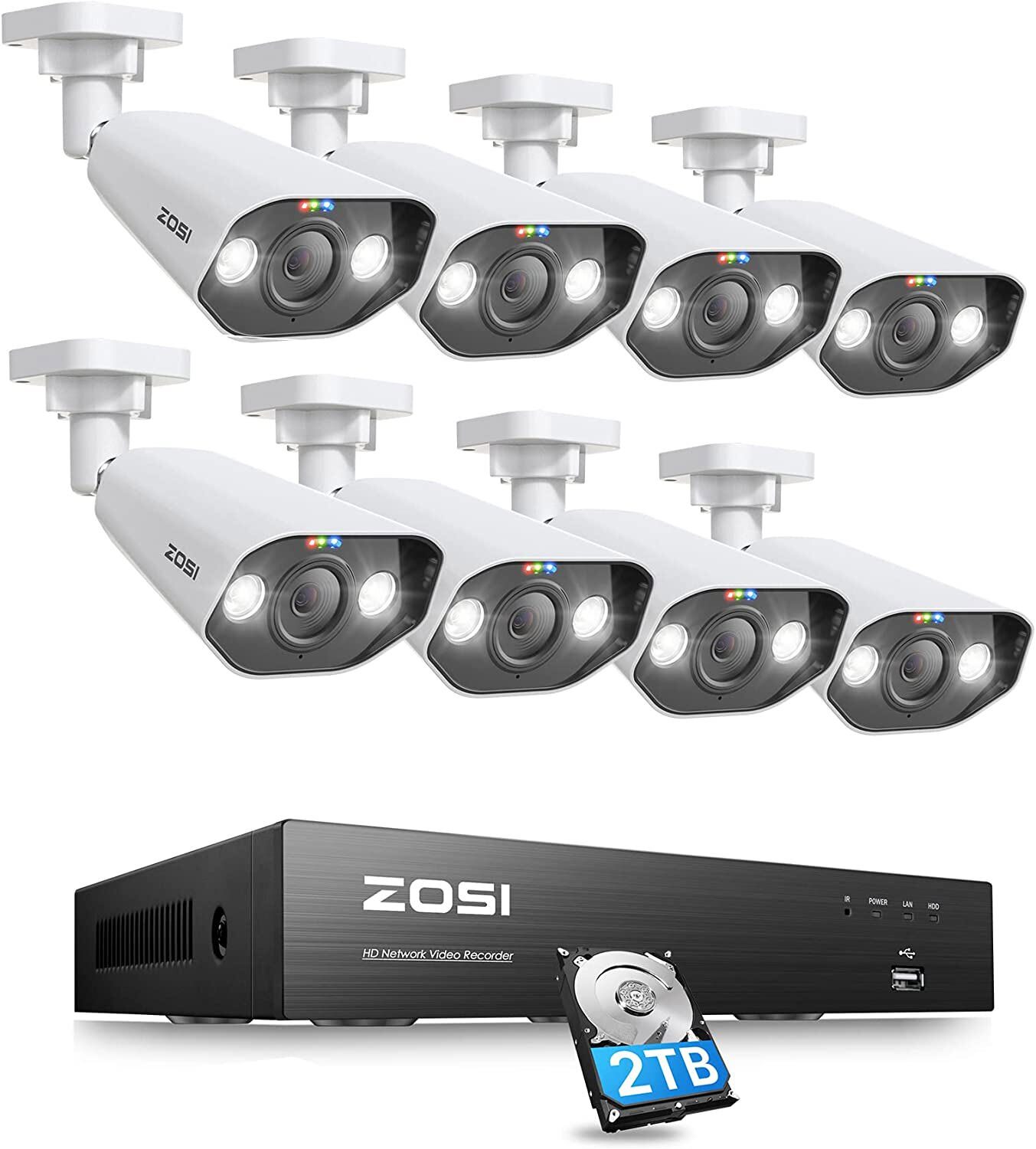 ZOSI 8CH 8MP NVR 4K PoE Security Camera System 2TB Outdoor Audio Recording