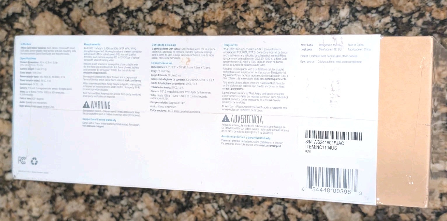 NEW Google Nest Cam Indoor (3-Pack) Wired Home Security Cameras -Model #NC1104US