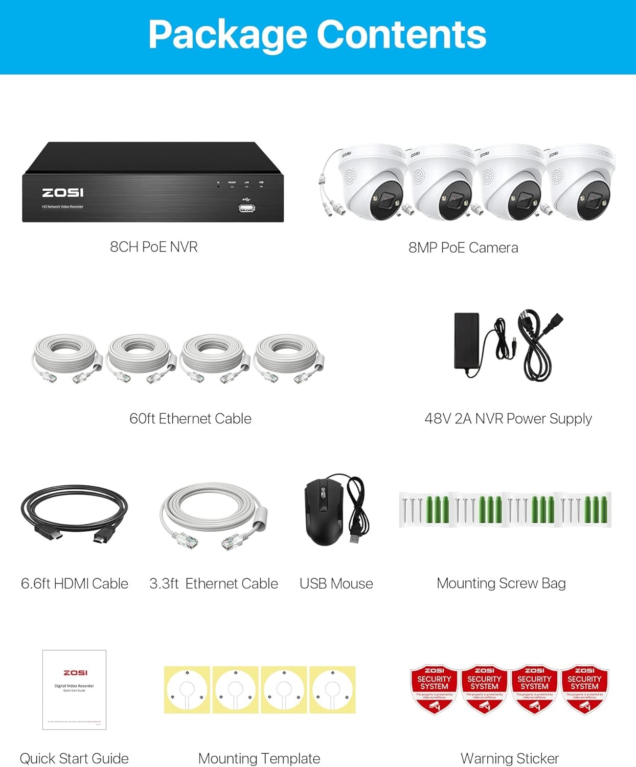 ZOSI 8MP 4K 8CH NVR 3MP WiFi 6 Security Camera System Outdoor Spotlight 2TB HDD