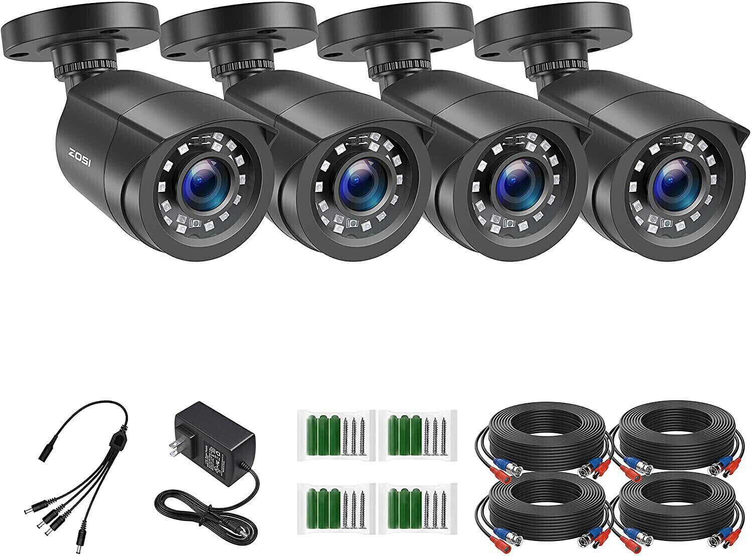 ZOSI 4 Pack 1080p Security Analog Wired Camera IP66 CCTV 80ft Night Vision TVI