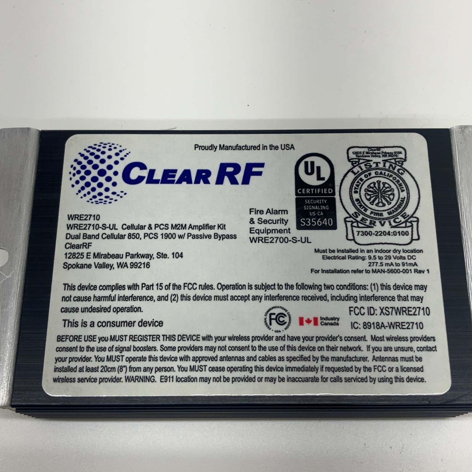 Clear RF WRE2710 M2M Cellular Amplifier Dual Band 850/1900MHz Passive Bypass