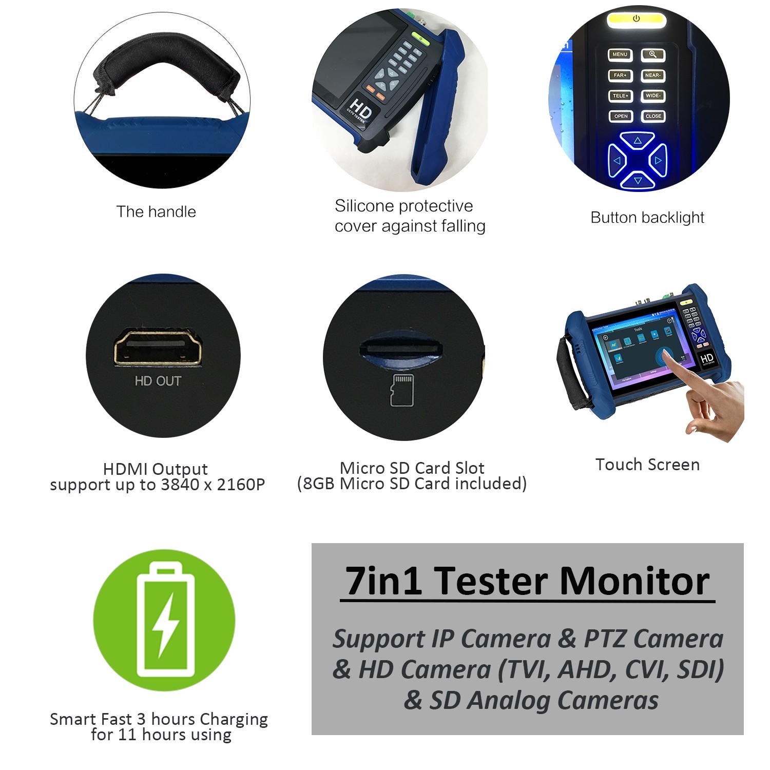 7″ Tester Monitor Pro 7in1 for IP PTZ HD TVI AHD CVI Analog CVBS camera