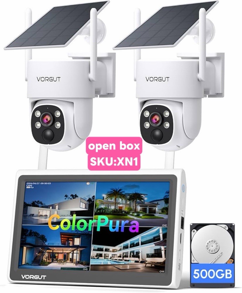 2K Solar Security Camera System, 10″ Monitor, 500GB HDD, 360° PTZ, 2.4/5G WiFi