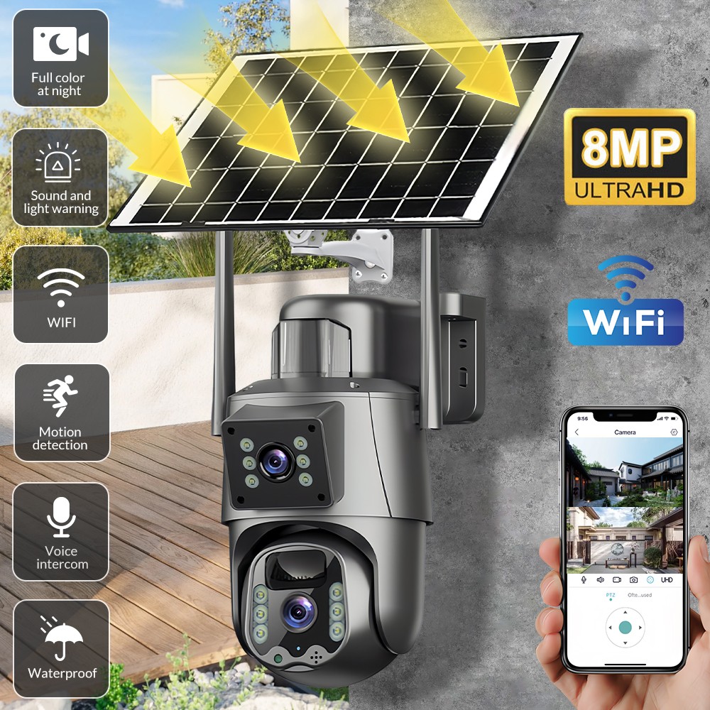 2 Lens 8MP Solar Battery Powered Camera Wireless WiFi Outdoor Pan/Tilt Camera