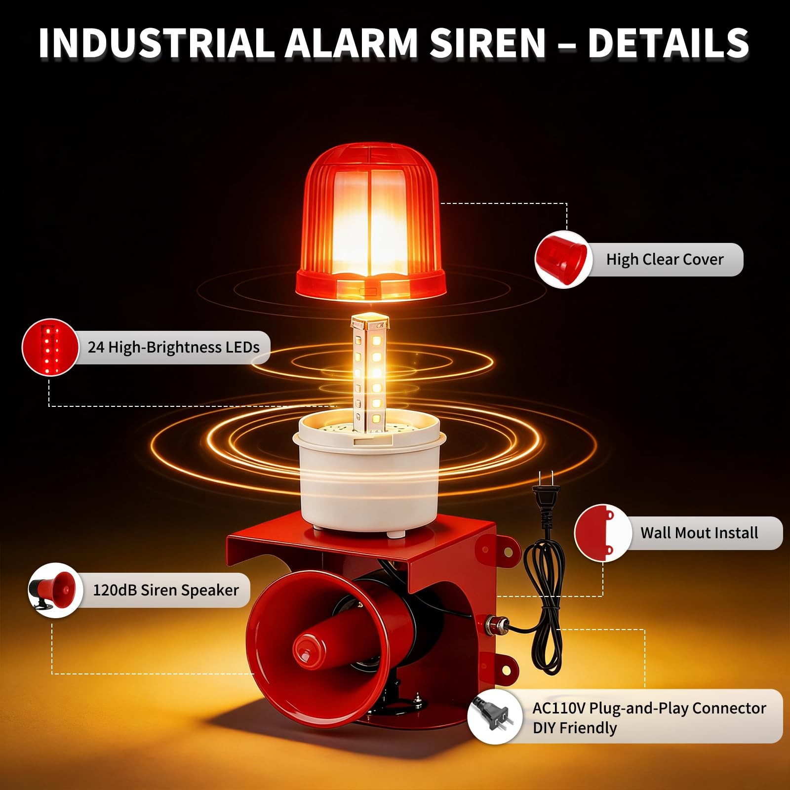 AC110V Industrial Siren Alarm Strobe Light-120dB Loud Horn&Red Beacon Warning…
