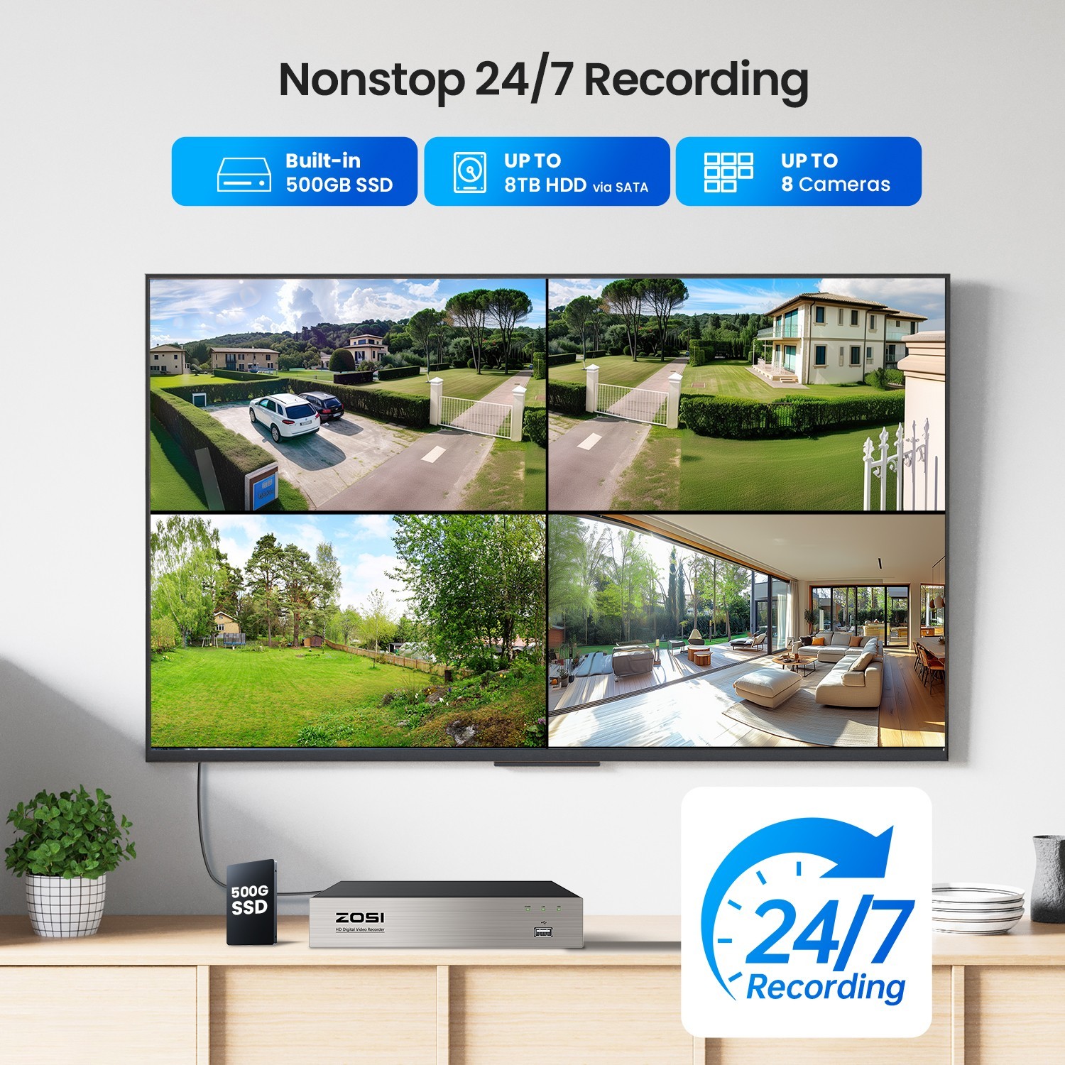 ZOSI H.265+ 8CH 3MP wireless security WiFi Outdoor camera system 1TB HDD Audio