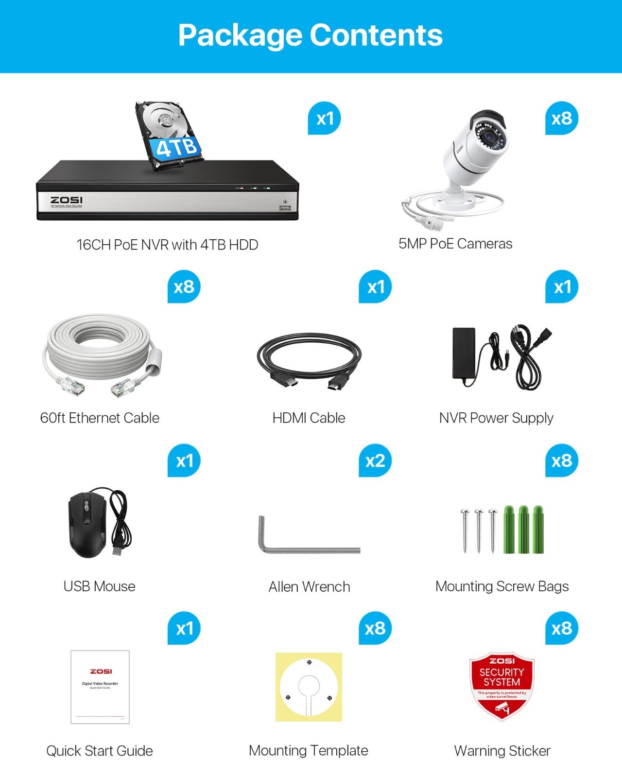 ZOSI 16CH H.265+ 4K NVR 5MP PoE Security 24/7 Recording Camera System 4TB HDD