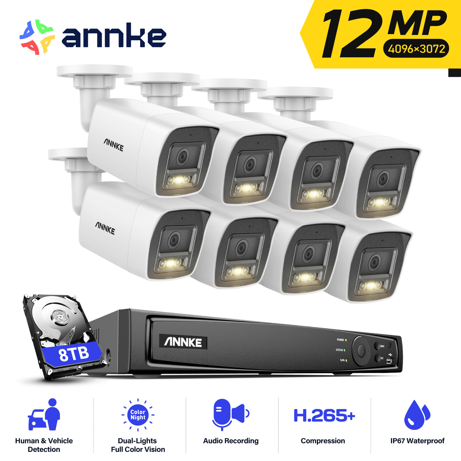 ANNKE 12MP Color Night POE IP Security Camera System 8CH NVR Audio Recording AI