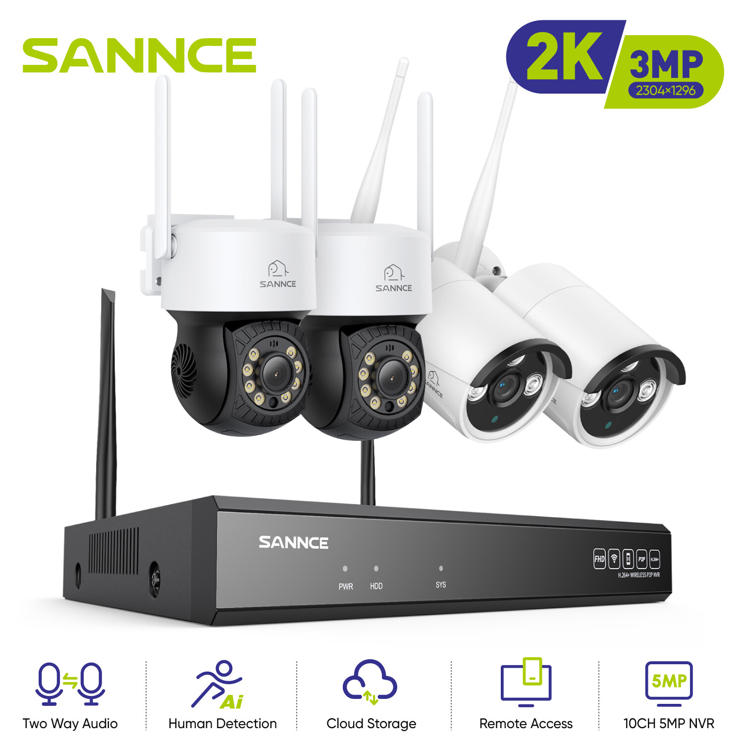 SANNCE 10CH 3MP Outdoor Wireless PT & Bullet Security Camera System 2 Way Audio