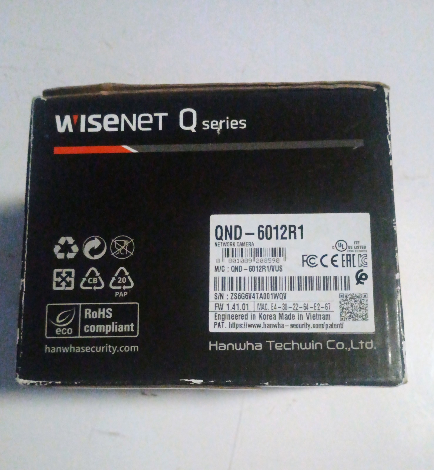 Wisenet QND-6012R1 2MP IR Indoor Dome Camera 2.8mm Fixed Lens PoE Hanwha