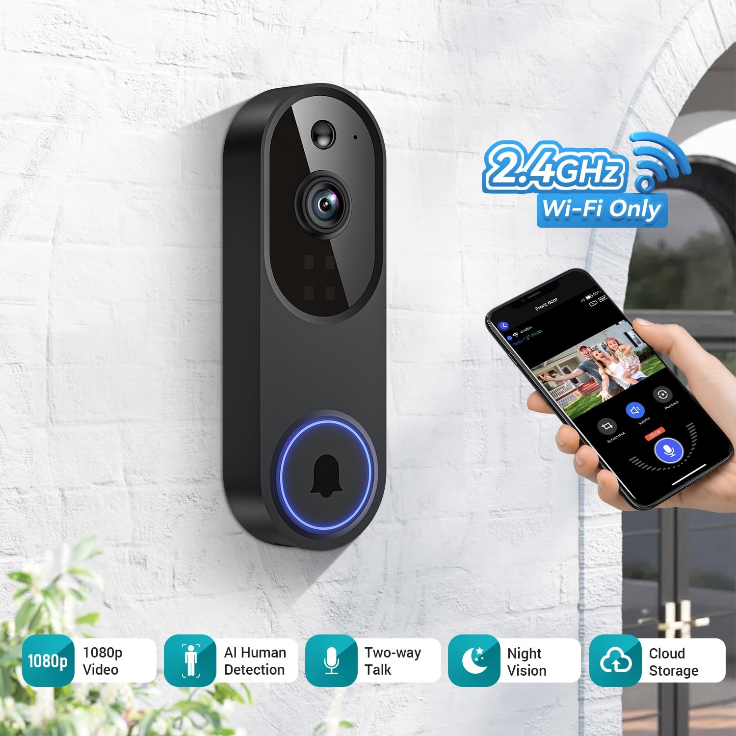 ALPHAPEACH 1080p Smart Video Doorbell Camera Wireless, Black
