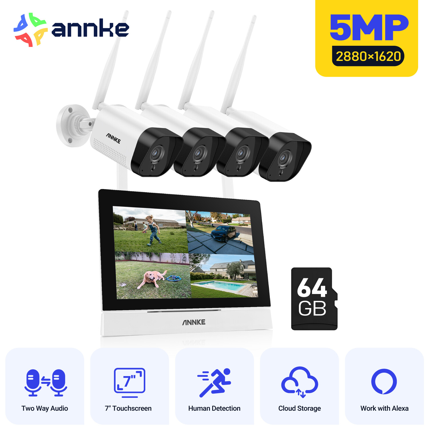 ANNKE 5MP Wireless Security Camera System 4CH NVR Two Way Audio P2P AI Detection