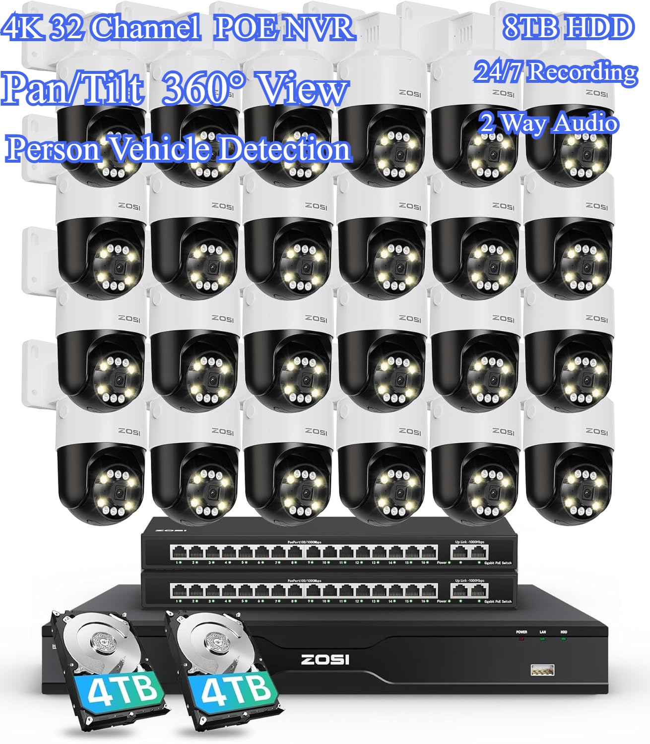 ZOSI 4K 32 Channel NVR PT PoE Security Camera Outdoor System Vehicle Detection
