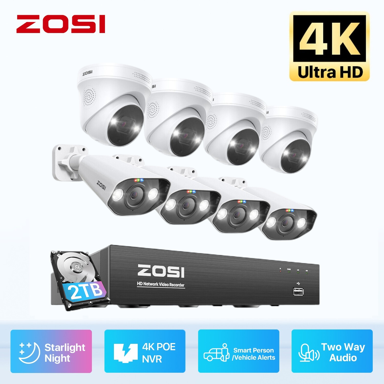 ZOSI 8CH/16CH 4K 8MP POE Home Security Camera System Audio Vehicle Detect 2/4T