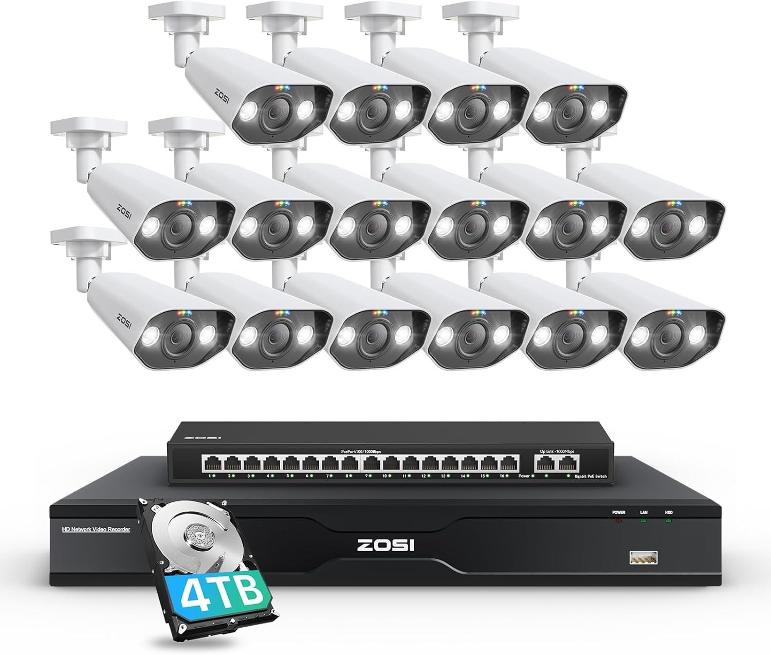 ZOSI 32CH POE NVR 4K Security CCTV Camera System Outdoor 4TB Color Nigh Vision