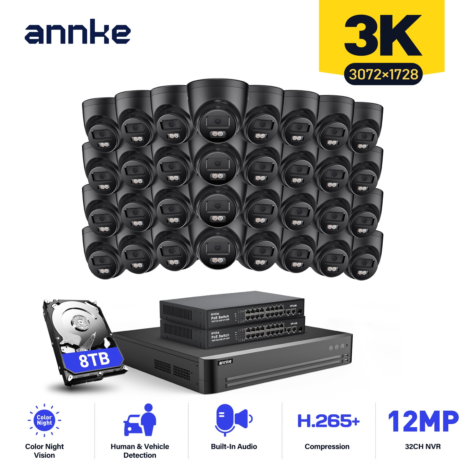 ANNKE 32CH 12MP NVR 3K Color POE Security Camera System Audio Recording AI CCTV