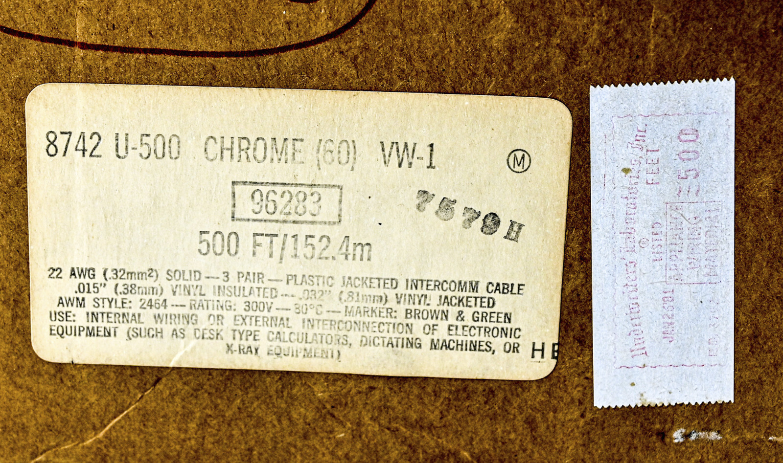 6 Conductor 3 Pairs 22AWG Solid Wire, PVC Ins Approx 500 ft 6 Cond 22 Gauge