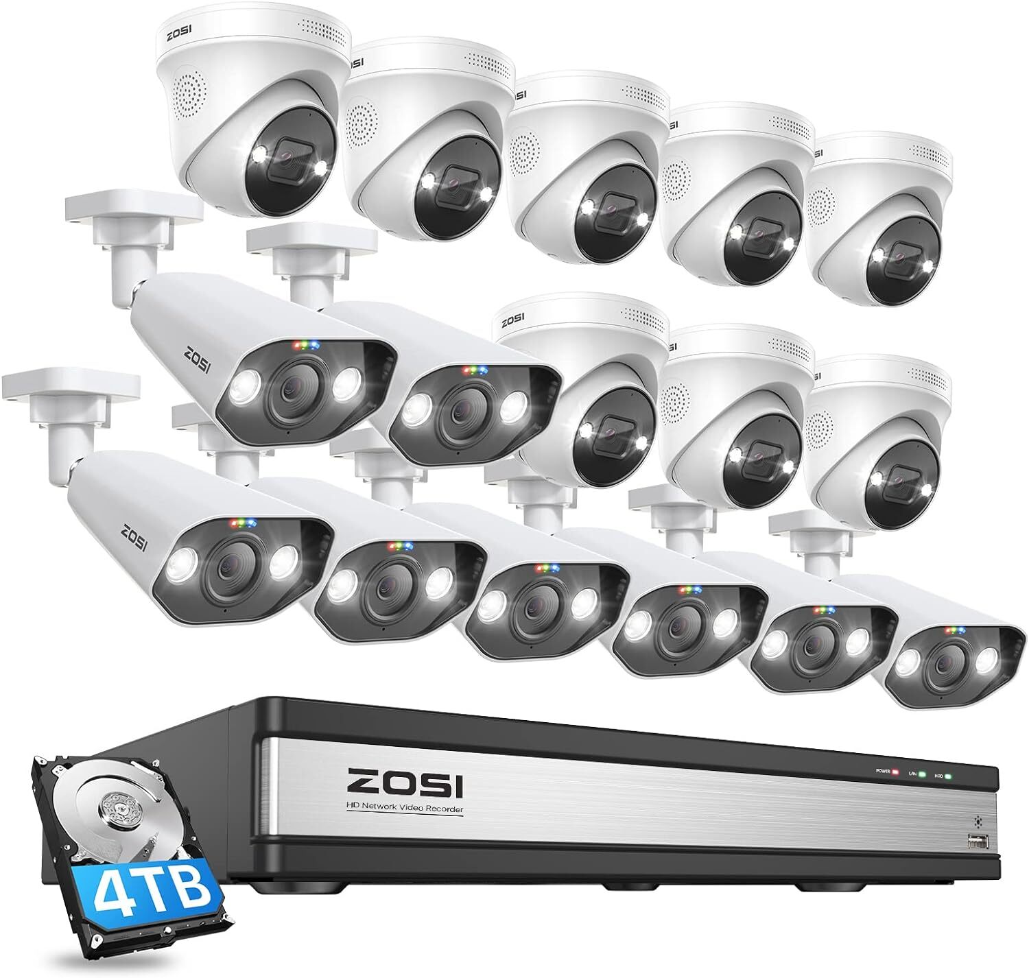 ZOSI 4K 16CH PoE Security Camera System with 4TB HDD Human Car Detect Audio