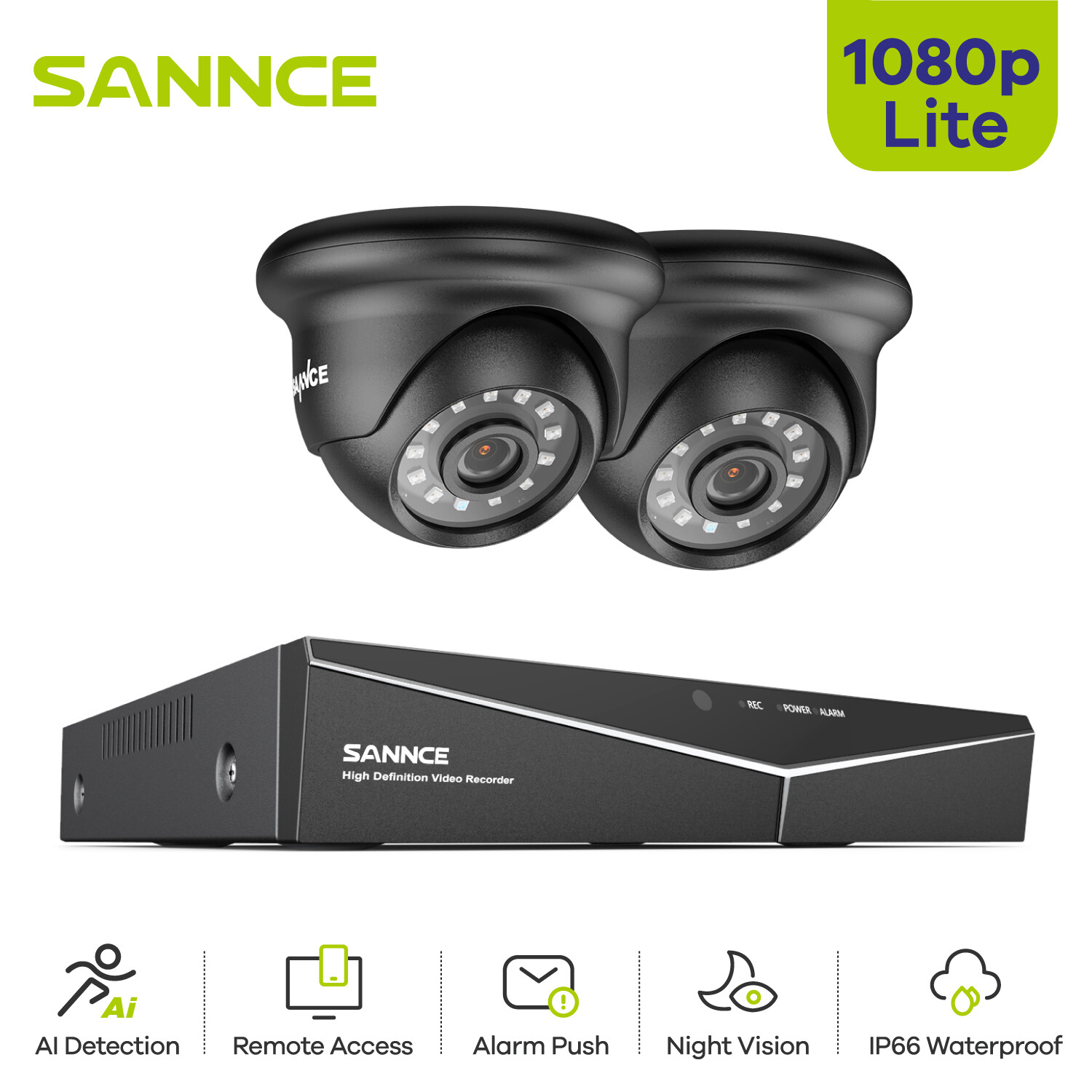 SANNCE 4CH 1080P 5in1 HDMI DVR 2MP Security Camera System Outdoor AI Detection