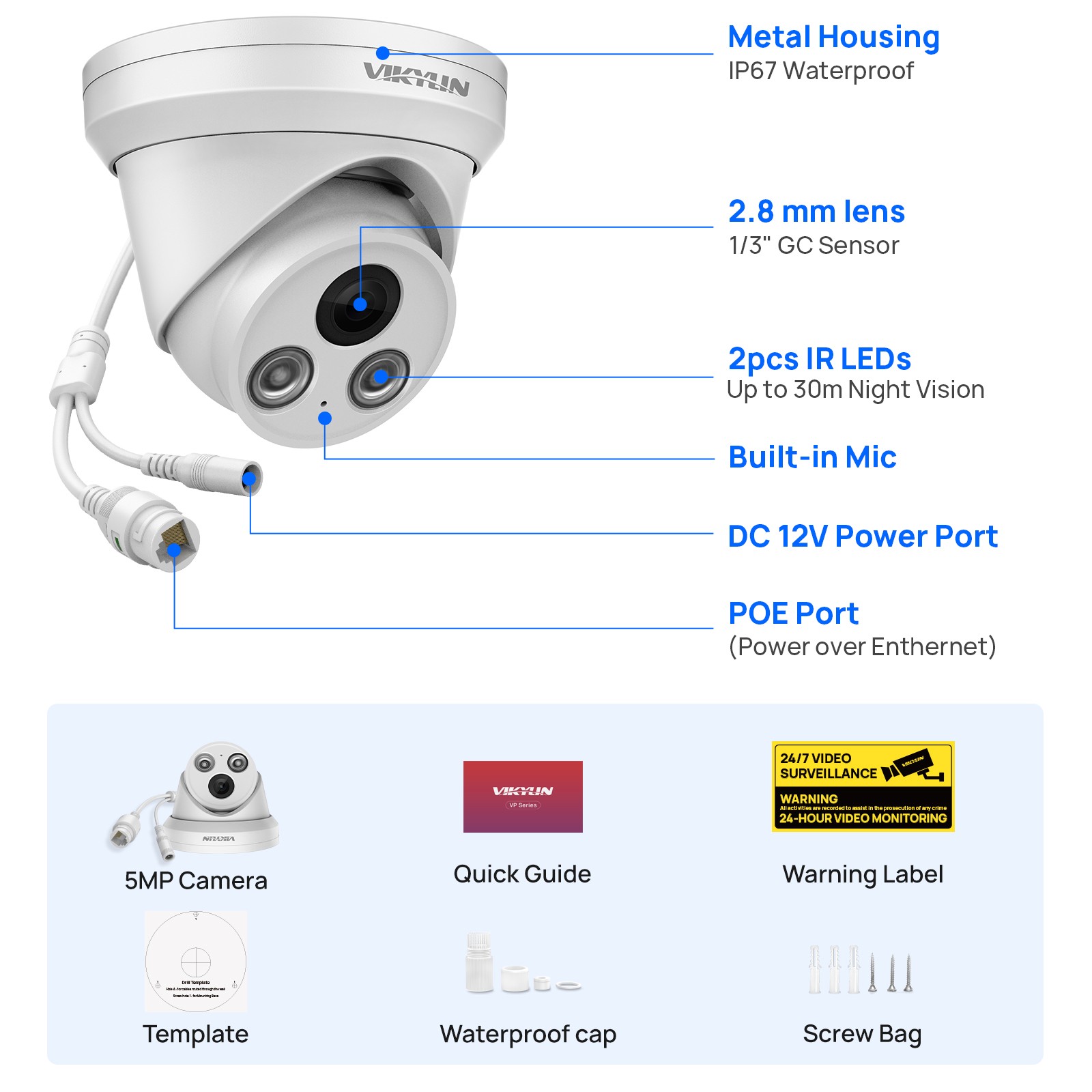 Vikylin CCTV System 16CH NVR Turret Night Version MIC POE 5MP IP Camera Set lot