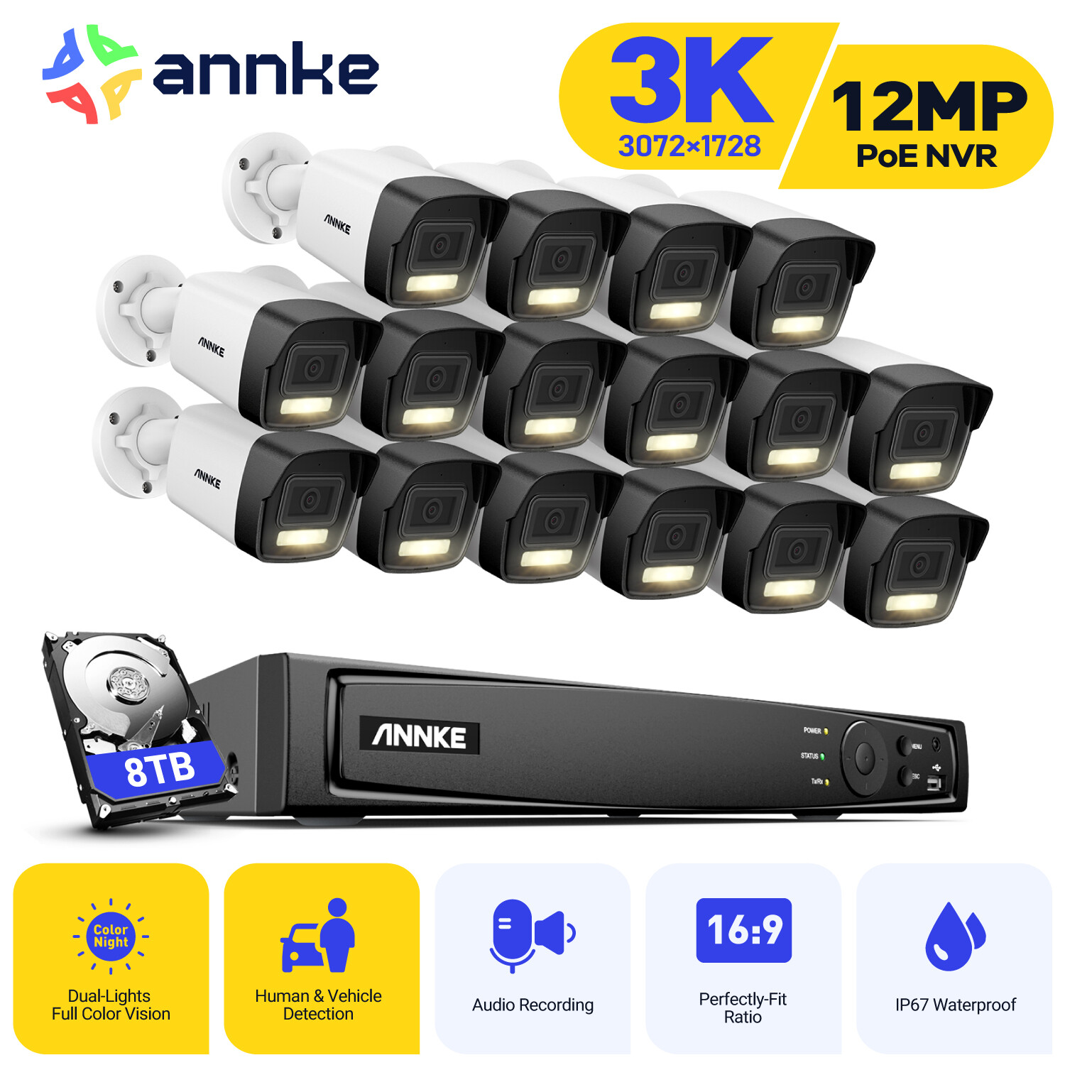 ANNKE 16CH 8CH 12MP NVR 3K Audio POE AI Security Camera System 5MP Color Night