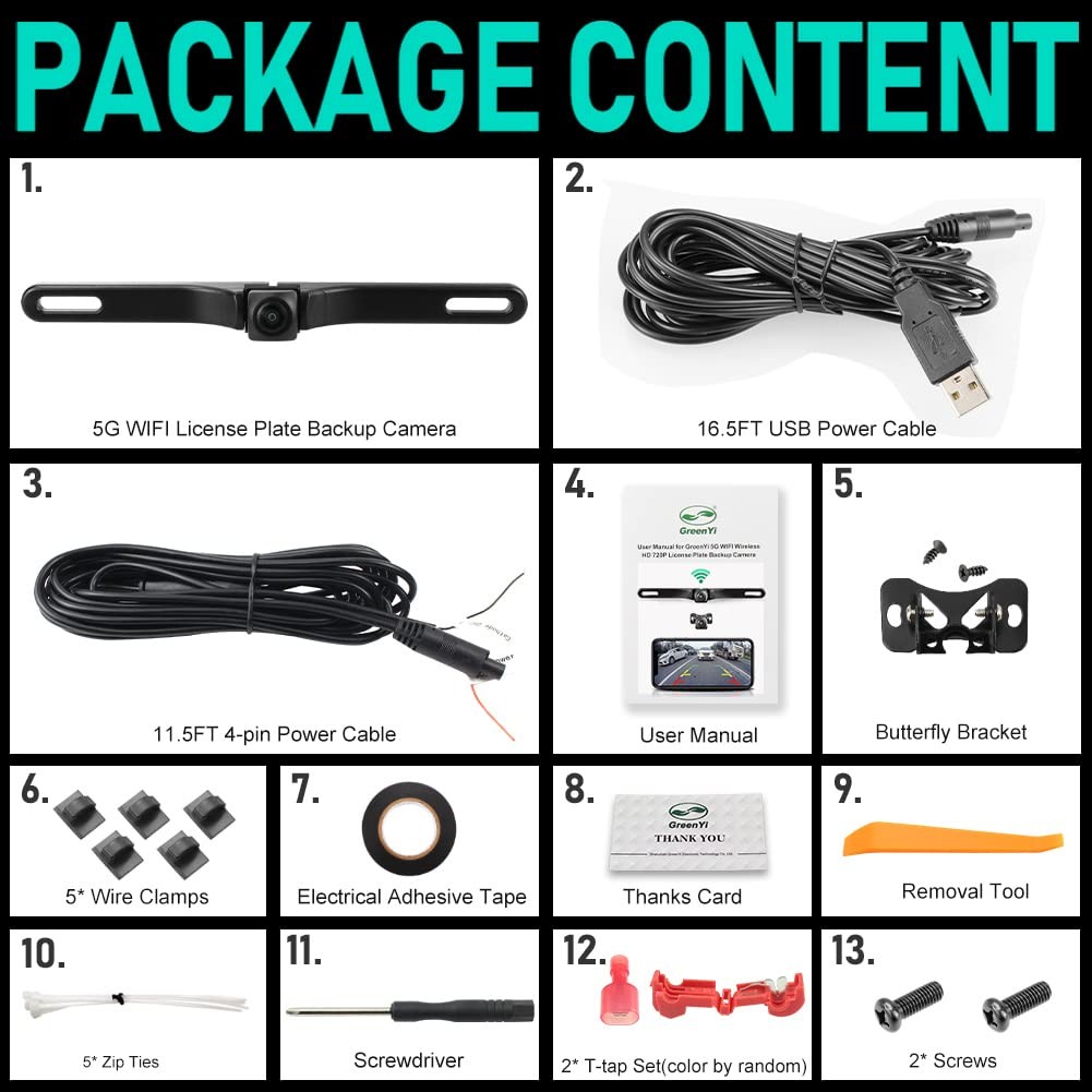 WiFi Car Backup Camera, GreenYi 5G 720P HD License Plate Rear/Front Black