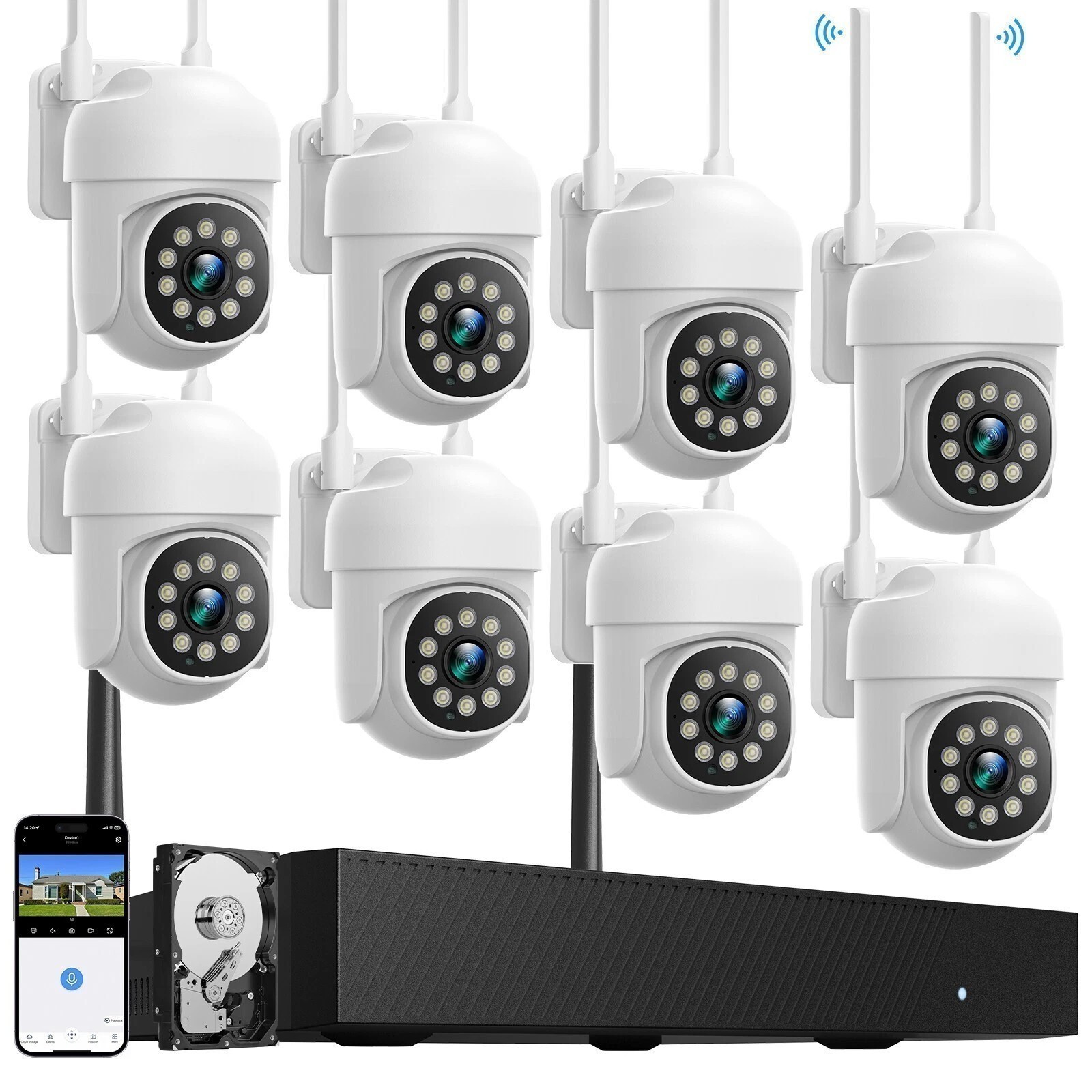 Wireless CCTV Security Camera Systems 16CH 4K NVR 8pcs Outdoor PTZ Cameras Audio