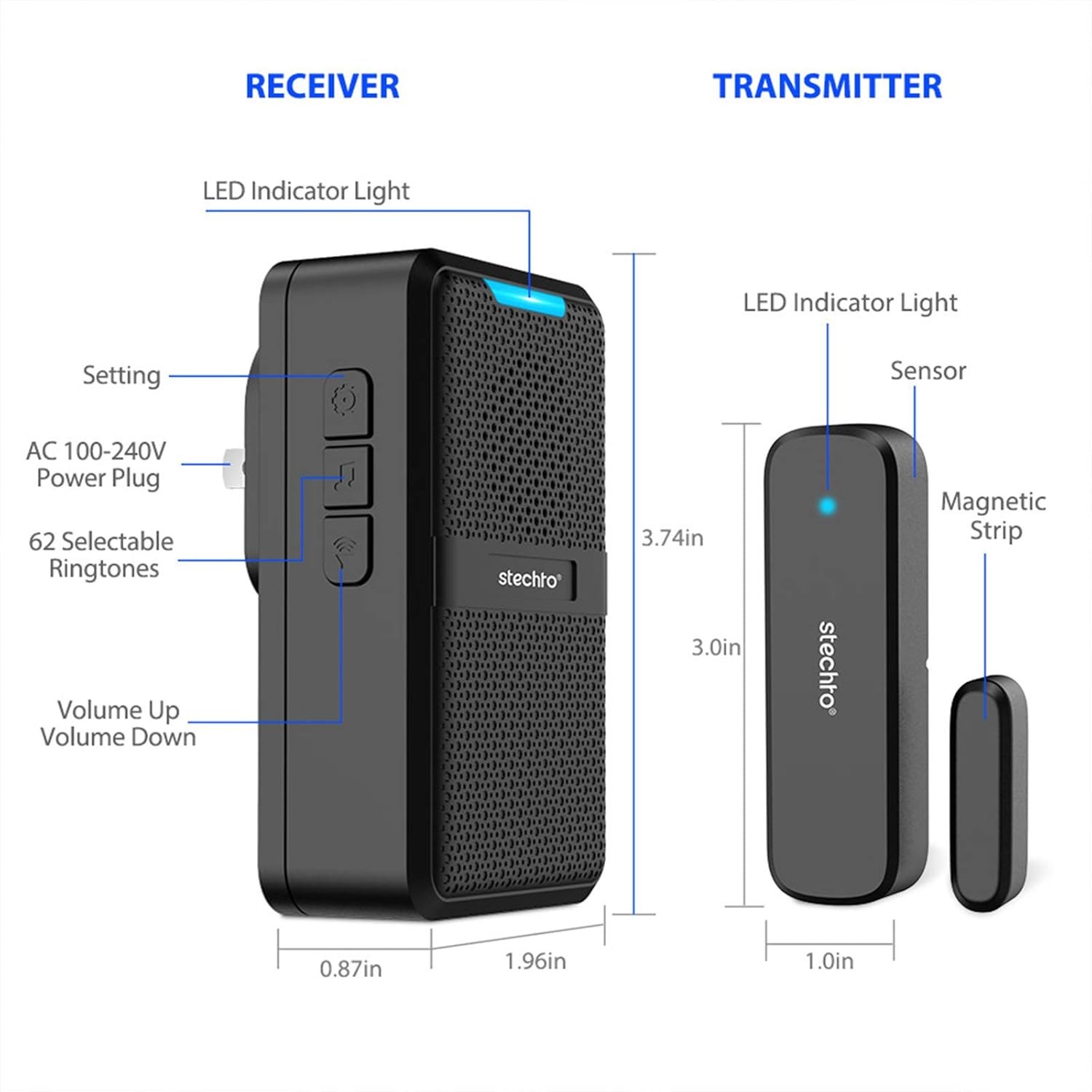 STECHRO Wireless Door Chime, 600Ft Range 5 1 Receiver + 1 Sensor, Black