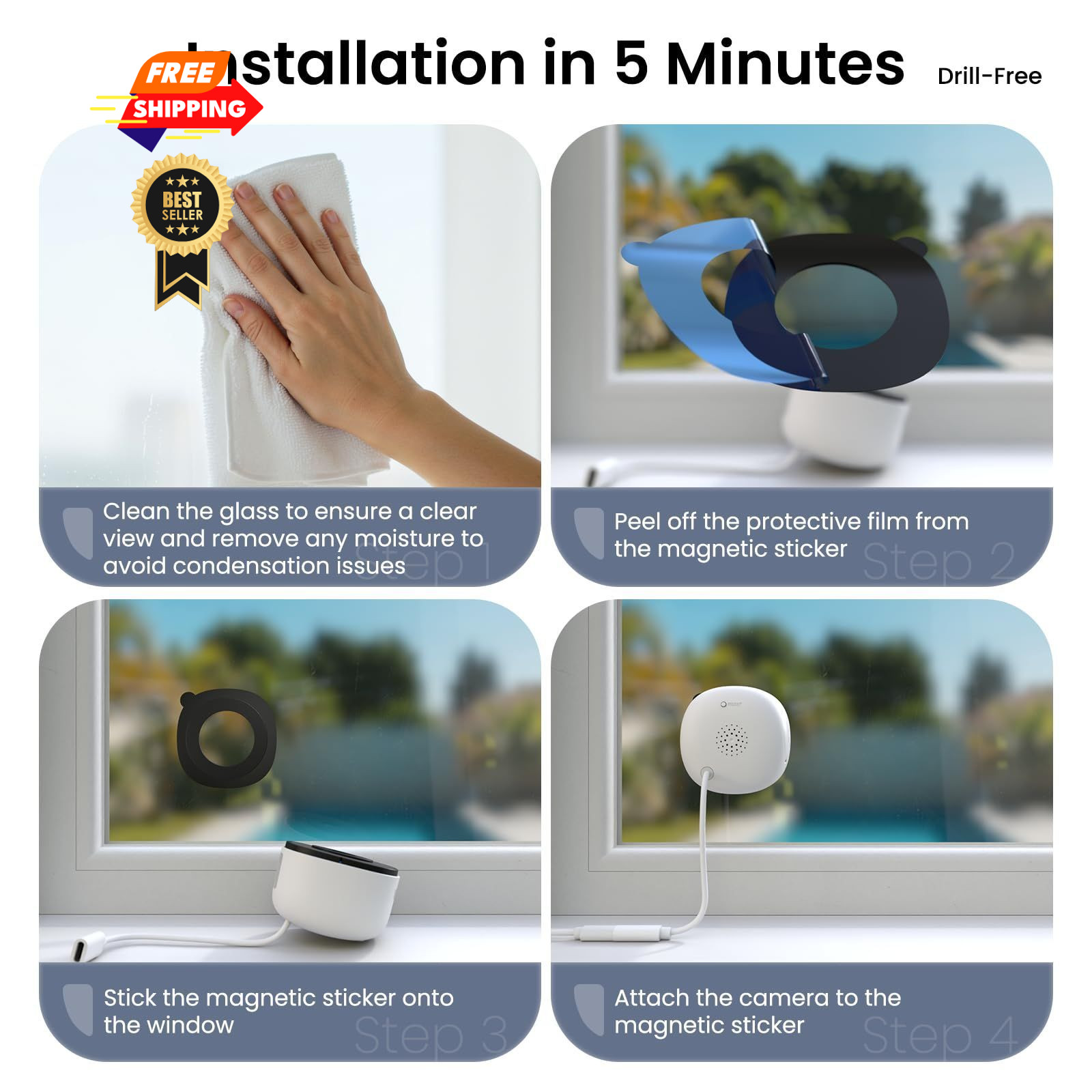 INFIYA 2K No Drill Window Camera-2 Pack 2.4Ghz & 5Ghz 2.4G&5G 2-Pack, White
