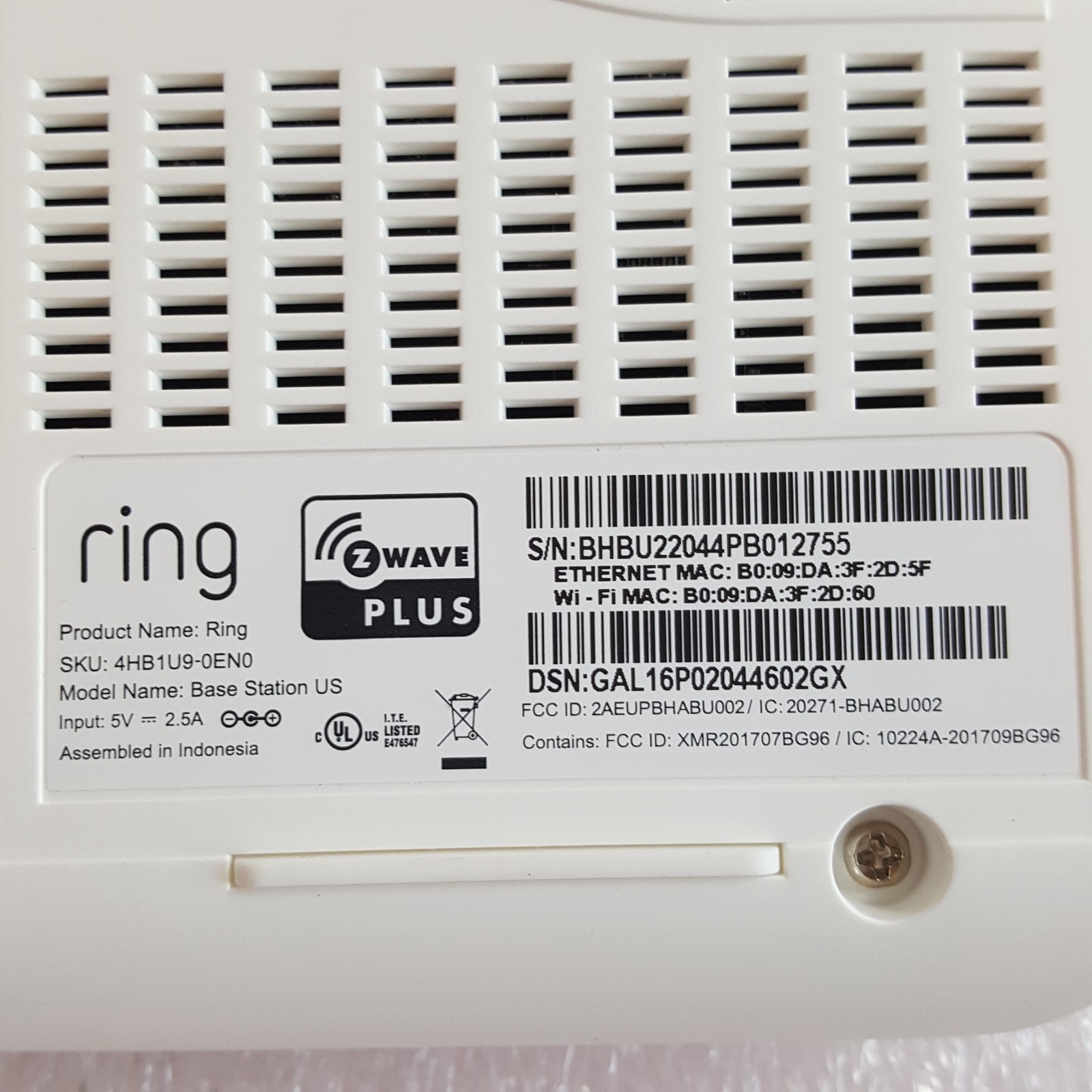 Ring Alarm Base Station US Z Wave+ 4HB1U9-0EN0 Gen 2 W/Power Cable WiFi-Indoor