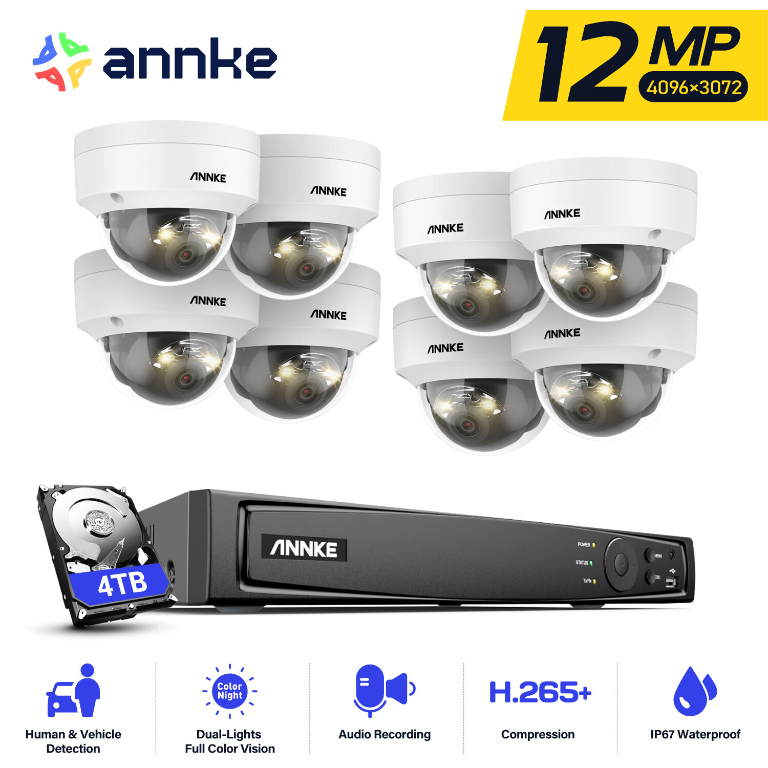 ANNKE 8CH NVR HD 12MP PoE Security Camera System AI Color Night Audio Recording