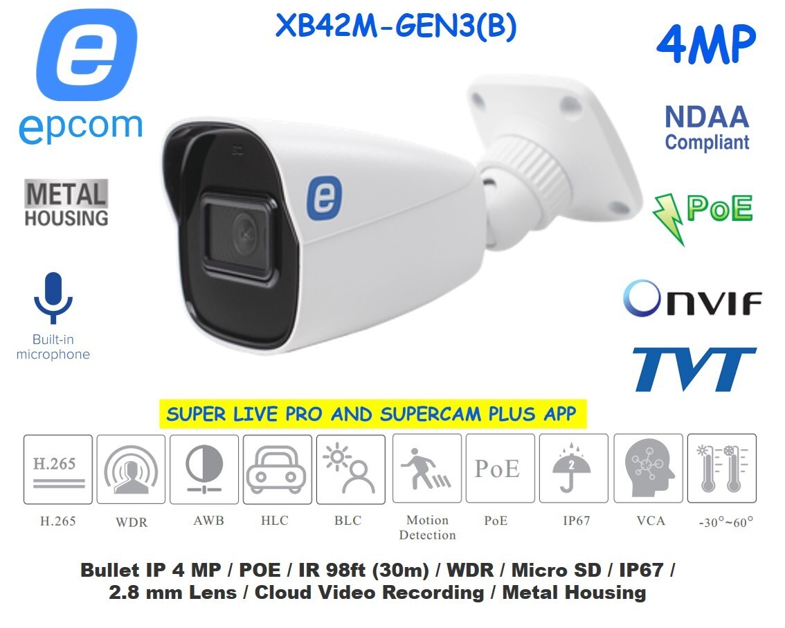 Epcom XB42M-GEN3(B) 4MP IR Water-proof Bullet IP Network POE Camera Built-In Mic
