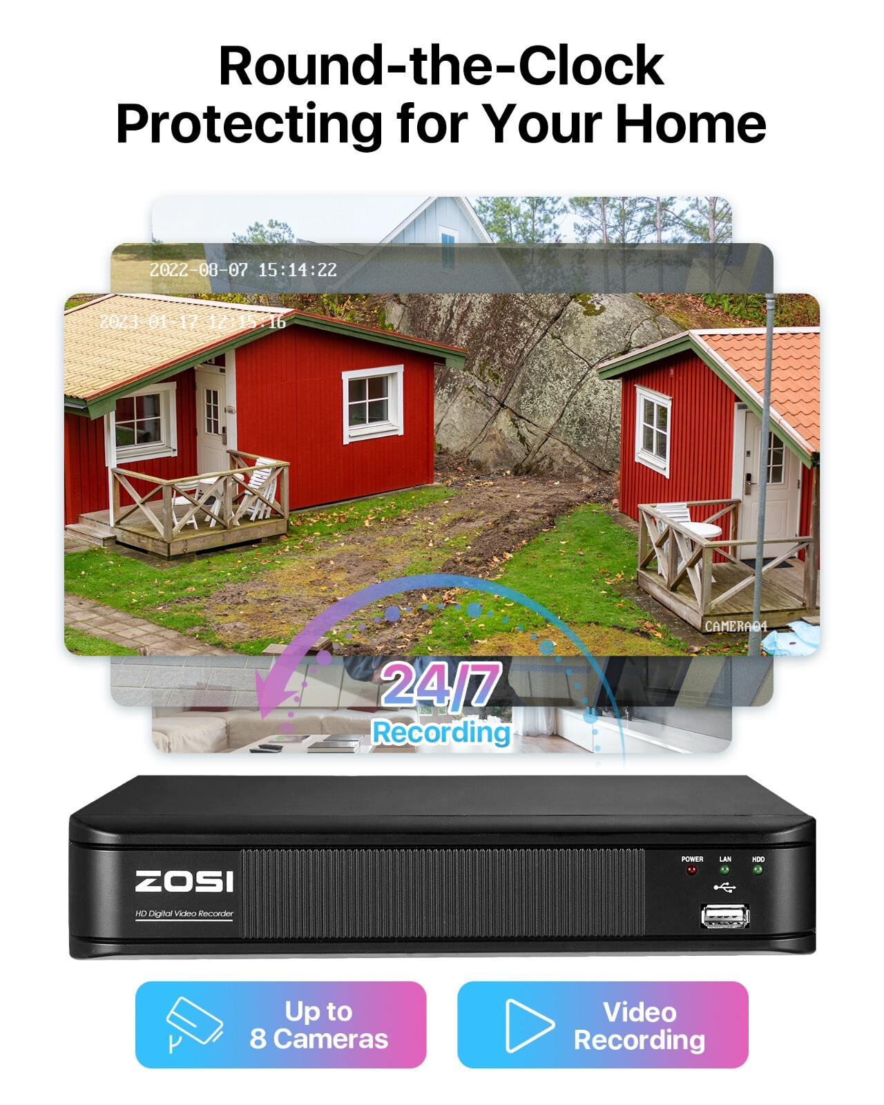 ZOSI H.265+ HDMI 1080p 8CH CCTV Outdoor Security Camera 80ft Night Vision System