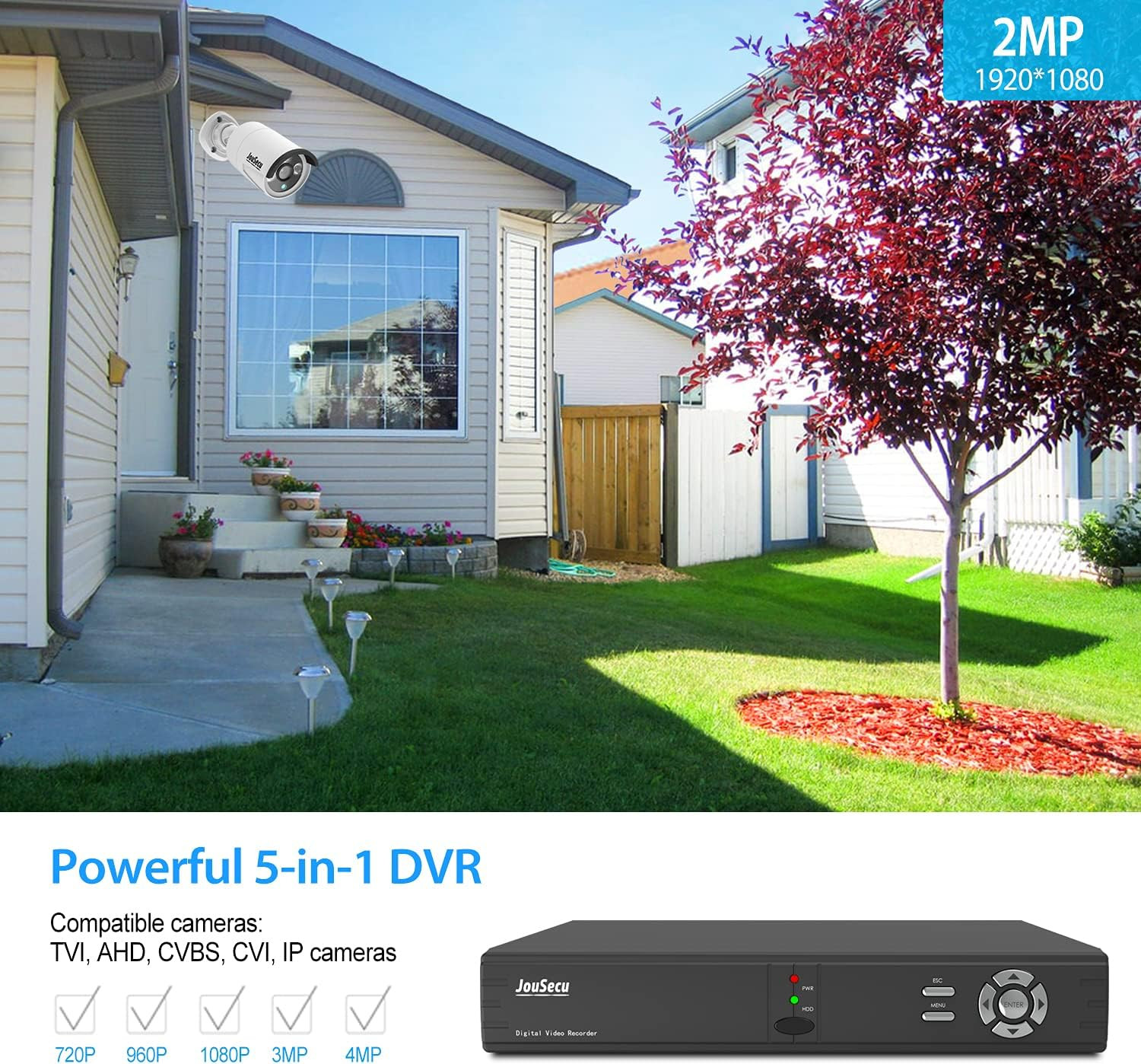8CH Home Security Camera System Outdoor Indoor, 2MP HD 5-In-1 Surveillance DVR R