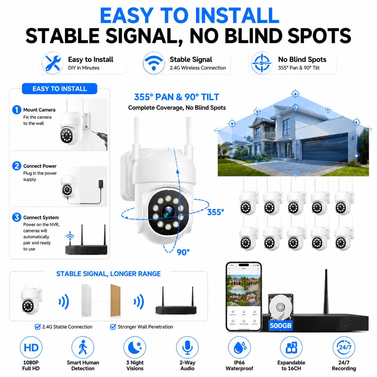 ?8Pcs PTZ Cameras &16CH 4K NVR Wireless System Security Camera 24/7 Record US