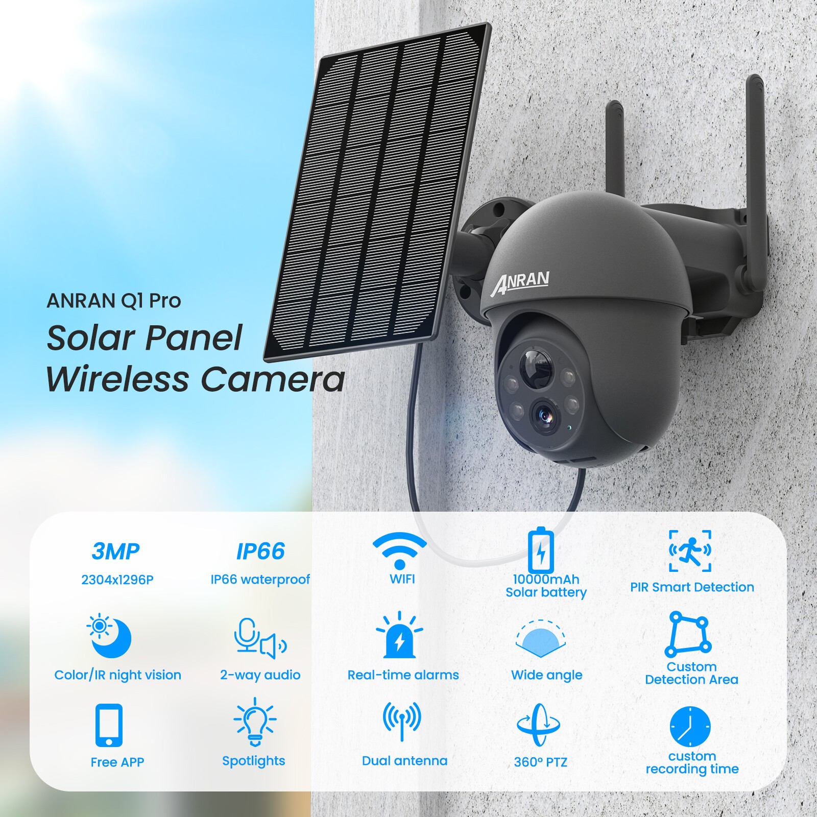 ANRAN Outdoor Solar Wireless Security Camera System Wifi 360° PTZ Audio 4PACK